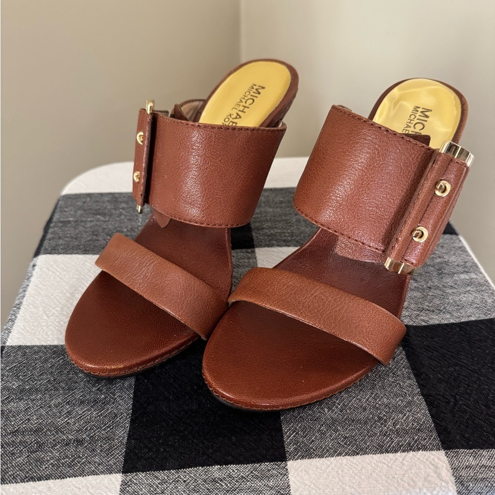 Michael Kors Brown Leather Mules with Gold Accents